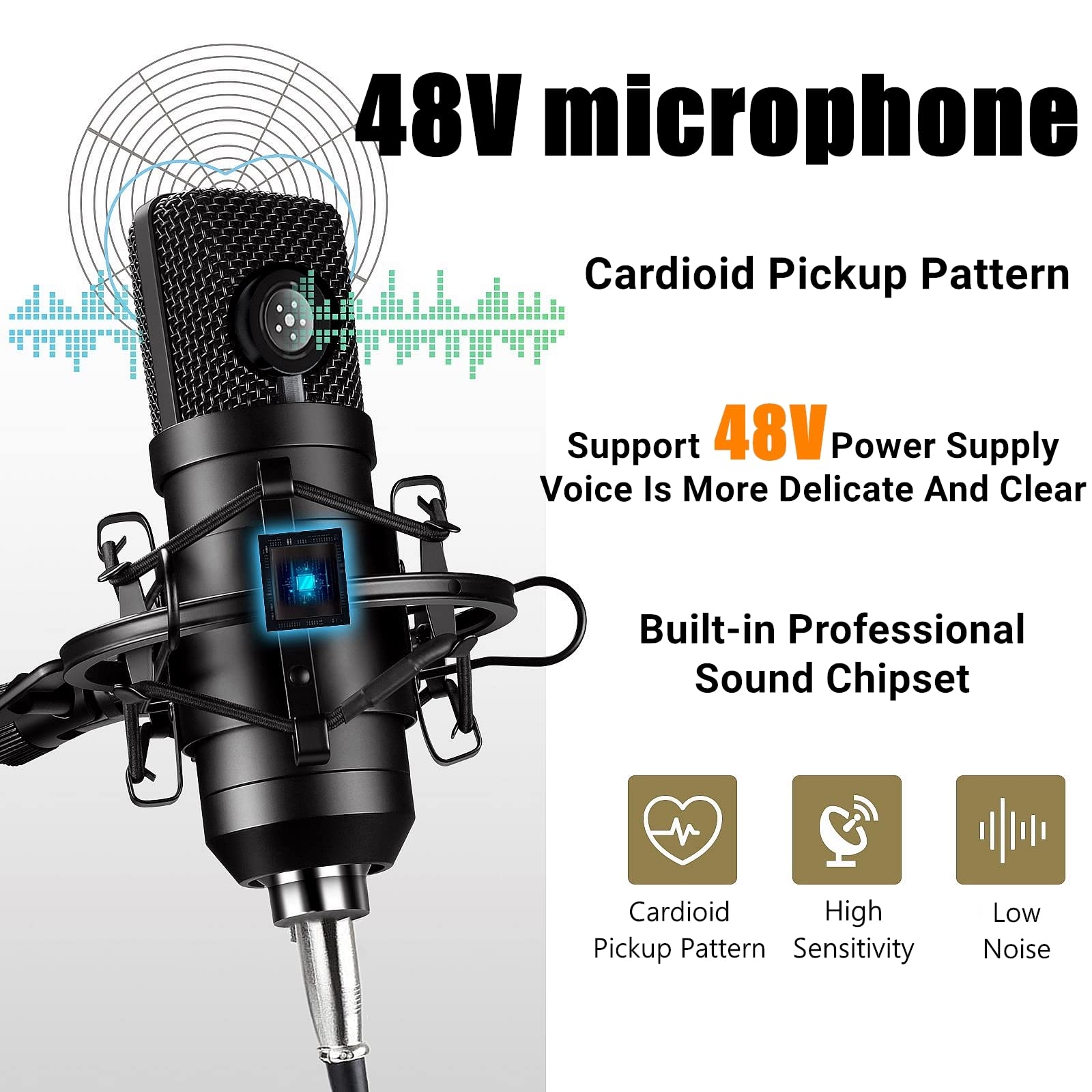 Podcast Equipment Bundle, 48V Condenser Microphone Bundle with M300 Voice Changer, Podcast Microphone Recording Studio Package f